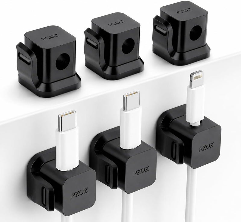 Pzoz Cable Organizer 6 Pack, Adhesive Cable Clips for Desk Cable Management, Cord Holder for USB Cables, Phone Chargers, Office, Home, Car & TV (Black) - Image 1
