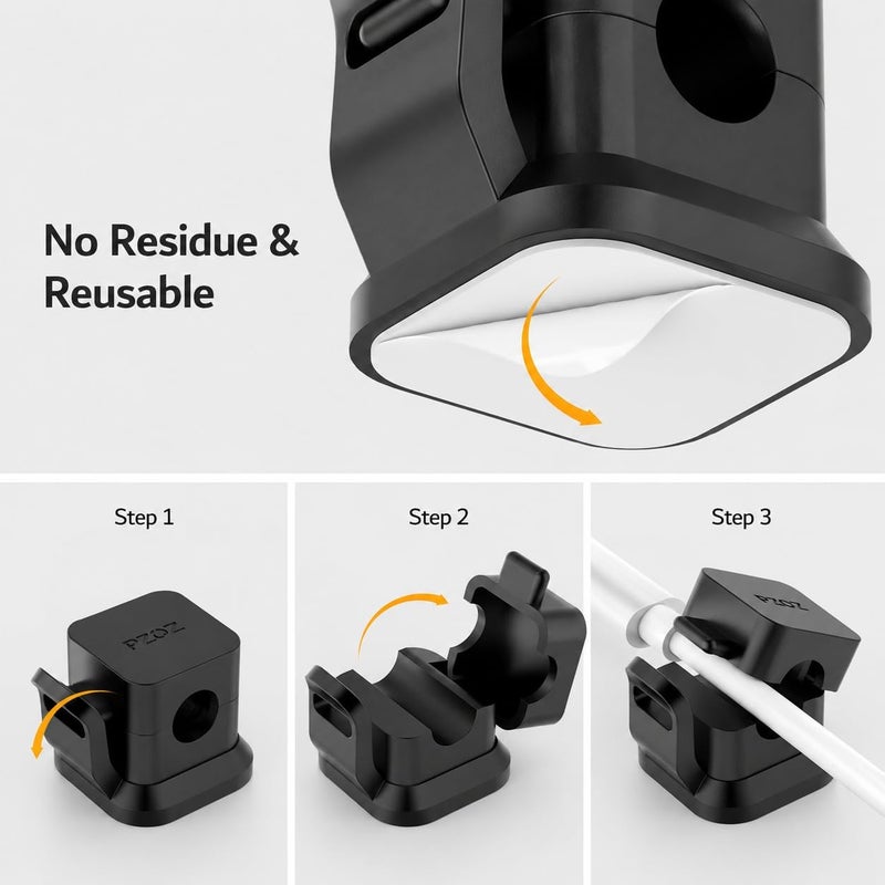 Pzoz Cable Organizer 6 Pack, Adhesive Cable Clips for Desk Cable Management, Cord Holder for USB Cables, Phone Chargers, Office, Home, Car & TV (Black) - Image 5