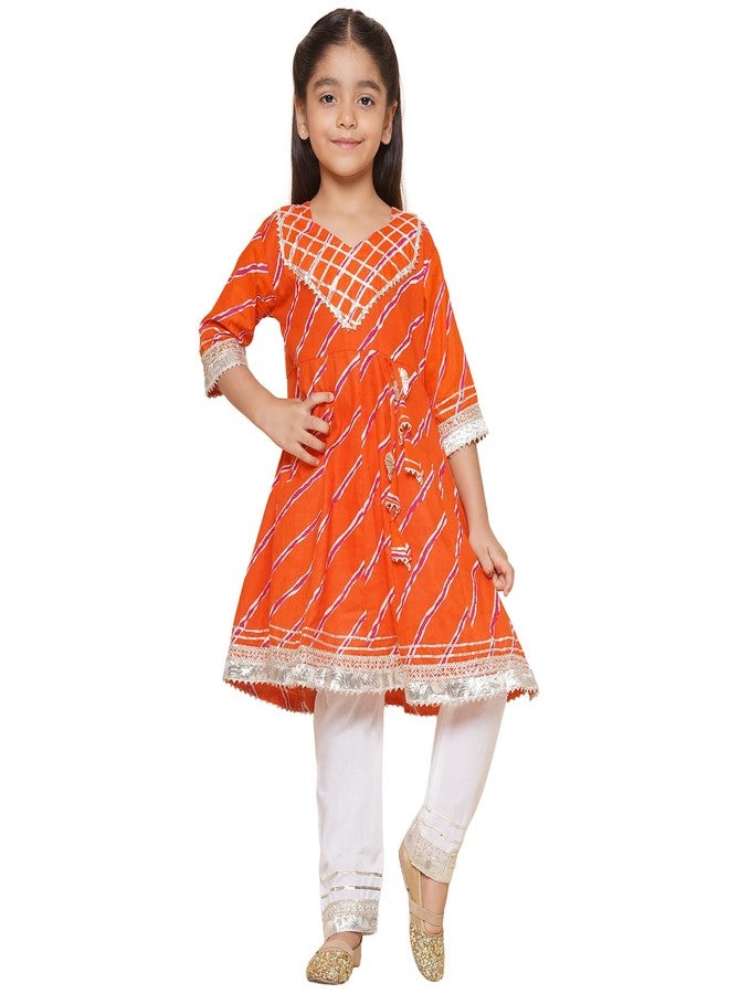 AJ DEZINES Kids Ethnic Wear Cotton Anarkali Orange Kurta Salwar Set For Girls (G-1111-ORANGE-22) - Image 1