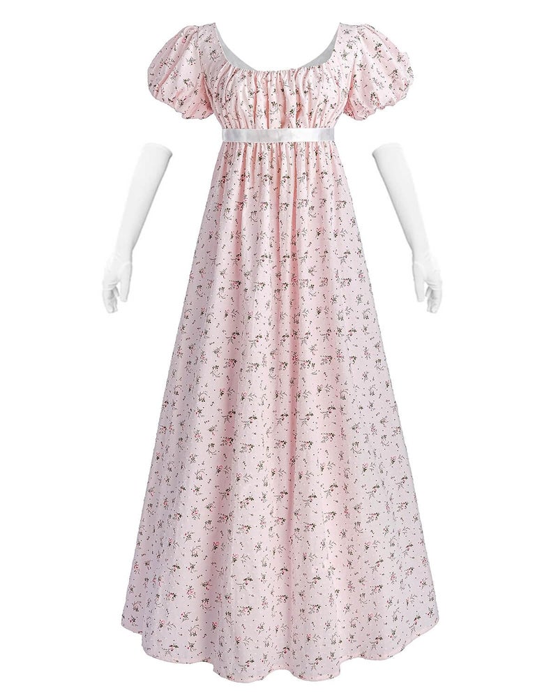 Nuoqi Regency Dresses for Women Long Floral Regency Era Dress Empire Waist Tea Party Dress M, Pink - Image 1