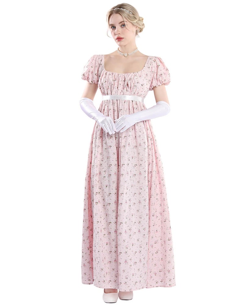 Nuoqi Regency Dresses for Women Long Floral Regency Era Dress Empire Waist Tea Party Dress M, Pink - Image 2