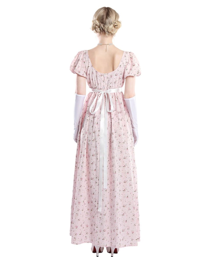 Nuoqi Regency Dresses for Women Long Floral Regency Era Dress Empire Waist Tea Party Dress M, Pink - Image 4