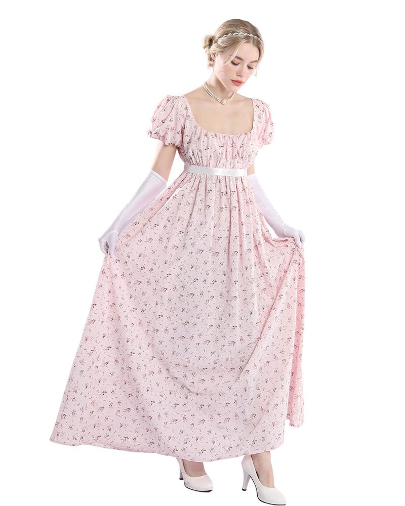 Nuoqi Regency Dresses for Women Long Floral Regency Era Dress Empire Waist Tea Party Dress M, Pink - Image 3