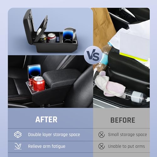 YJYWZH صندوق مسند الذراع للسيارة لكيا ريو 2018-2023 ملحقات السيارة وحدة التحكم المركزية جلد مسند الذراع مساحة تخزين مزدوجة مع حامل أكواب (خيط أسود) - Image 4