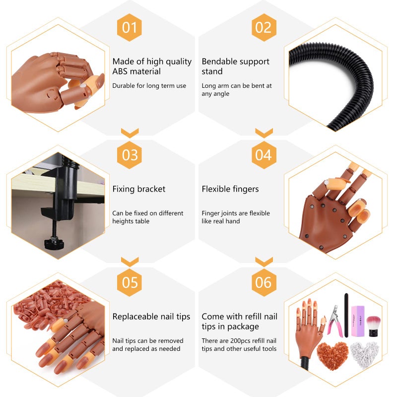 LIONVISON Practice Hand for Acrylic Nails, Flexible Nail Practice Hands Training Kits, Fake Manican Hands for Nails Practice, Movable Nail Maniquin Hand with 300PCS Nail Tips, File, Brush and Clipper - Image 4