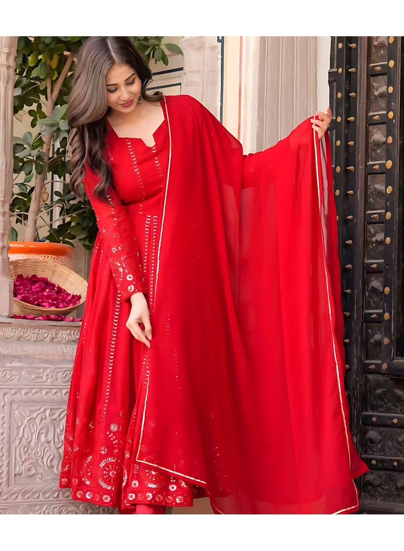 PREMIUM READYMADE RED ANARKALI SUIT SET [3 PIS]  - Image 1