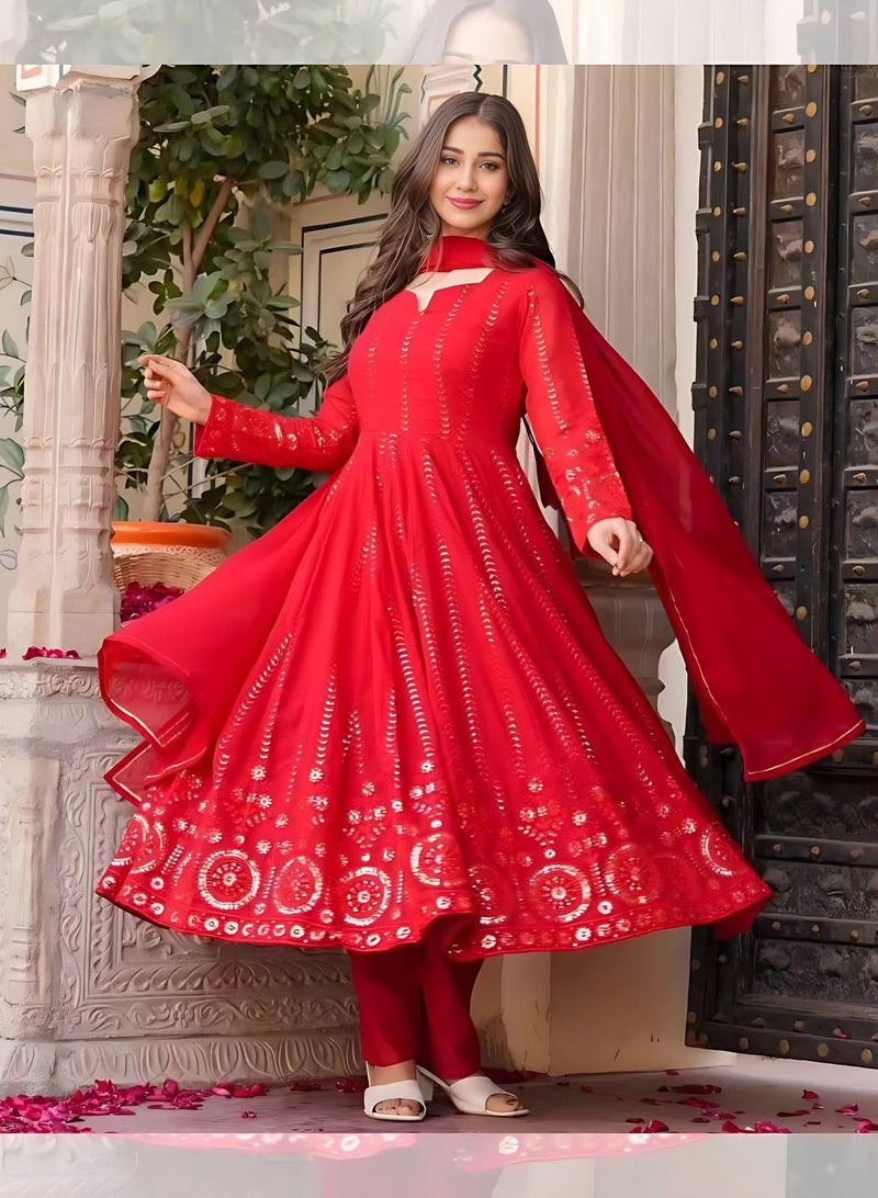 PREMIUM READYMADE RED ANARKALI SUIT SET [3 PIS]  - Image 2