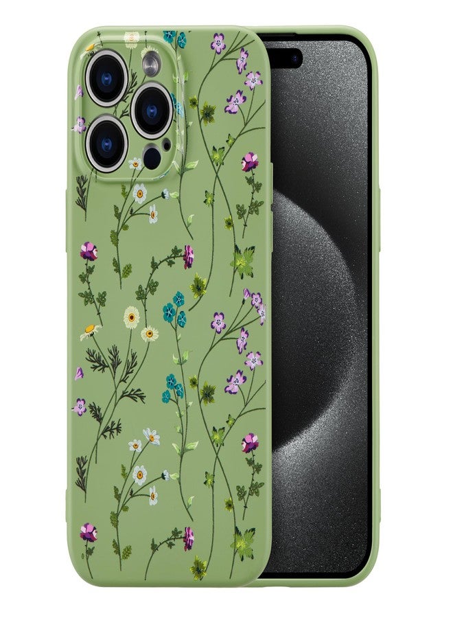 RALEAVO جراب RALEAVO بتصميم زهور لهاتف iPhone 15 Pro Max، غطاء حماية من السيليكون السائل المقاوم للصدمات، مناسب للفتيات والسيدات، بنقوش زهور جذابة وناعمة، جراب رفيع لهاتف iPhone 15 Pro Max مقاس 6.7 بوصة - أخضر - Image 1