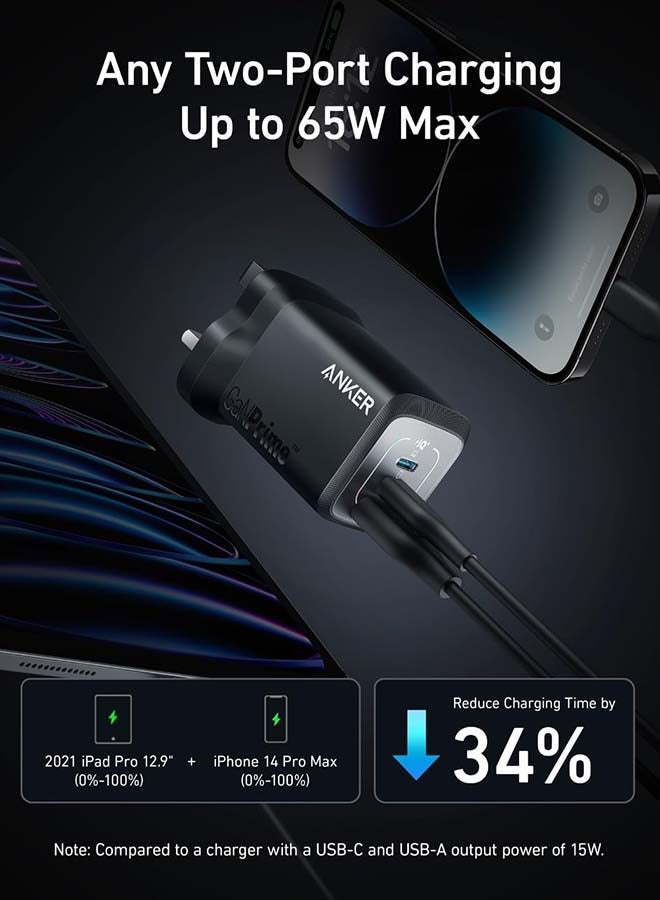 قابس USB C بقدرة 67 وات، شاحن حائط Anker GaN، شاحن PPS سريع مدمج وقابل للطي بثلاثة منافذ، شاحن سريع لأجهزة MacBook Pro/Air وiPad Pro وiPhone 15 / Pro وGalaxy S23 / S22 وNote20 وPixel وApple Watch والمزيد أسود - Image 3