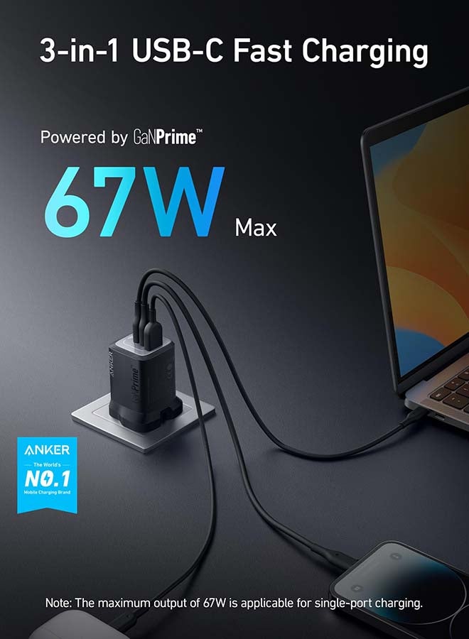 قابس USB C بقدرة 67 وات، شاحن حائط Anker GaN، شاحن PPS سريع مدمج وقابل للطي بثلاثة منافذ، شاحن سريع لأجهزة MacBook Pro/Air وiPad Pro وiPhone 15 / Pro وGalaxy S23 / S22 وNote20 وPixel وApple Watch والمزيد أسود - Image 2