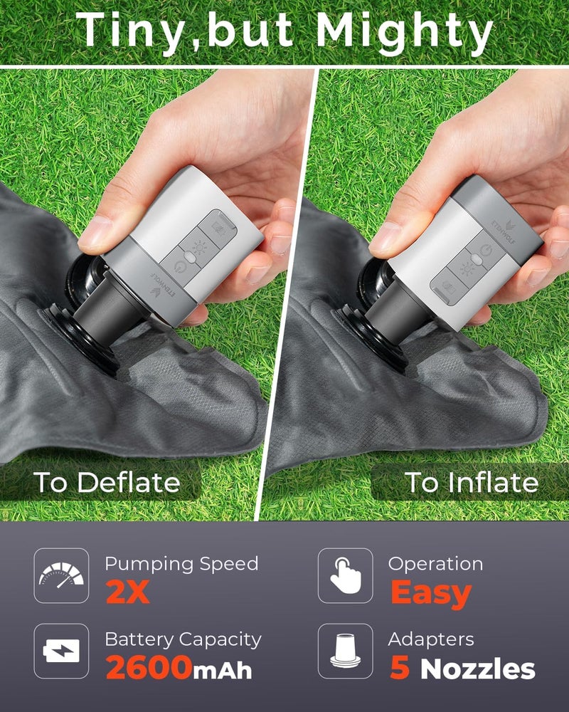 ETENWOLF AIR 3 Air Pump for Inflatables with 2600 mAh Battery & Camping Light, Ultra-Fast and Mini Electric Air Pump, Inflate Deflate for Air Mattress, Pool Floats, Vacuum Storage Bags - Image 2