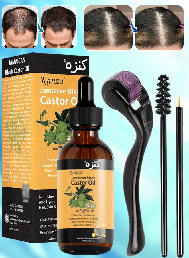Kanza 60ml Jamaican Black Castor Oil with Roller for Hair 100% Pure Cold Pressed Stimulate Growth for Hair Eyelashes Eyebrows Nails Skin Moisturizer Hair Oil and Body Oil Moisturizing Massage Oil - Image 1