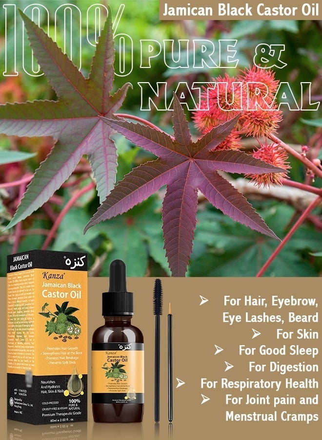 Kanza 60ml Jamaican Black Castor Oil with Roller for Hair 100% Pure Cold Pressed Stimulate Growth for Hair Eyelashes Eyebrows Nails Skin Moisturizer Hair Oil and Body Oil Moisturizing Massage Oil - Image 2