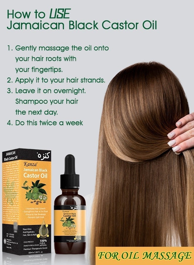 Kanza 60ml Jamaican Black Castor Oil with Roller for Hair 100% Pure Cold Pressed Stimulate Growth for Hair Eyelashes Eyebrows Nails Skin Moisturizer Hair Oil and Body Oil Moisturizing Massage Oil - Image 4