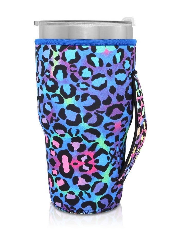 REUSABLE ICED COFFEE CUP SLEEVE NEOPRENE INSULATED SLEEVES CUP HOLDER WITH HANDLE IDEA FOR 30OZ 32OZ TUMBLER CUPS PROTEIN SHAKE BOTTLESONLY CUP SLEEVESBLUE CHEETAH