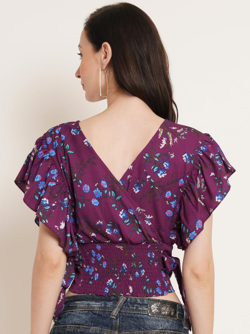 Uf Purple Floral Printed Flutter Sleeve Smocked Waist Tie-Up Wrap Crop Top - Image 3