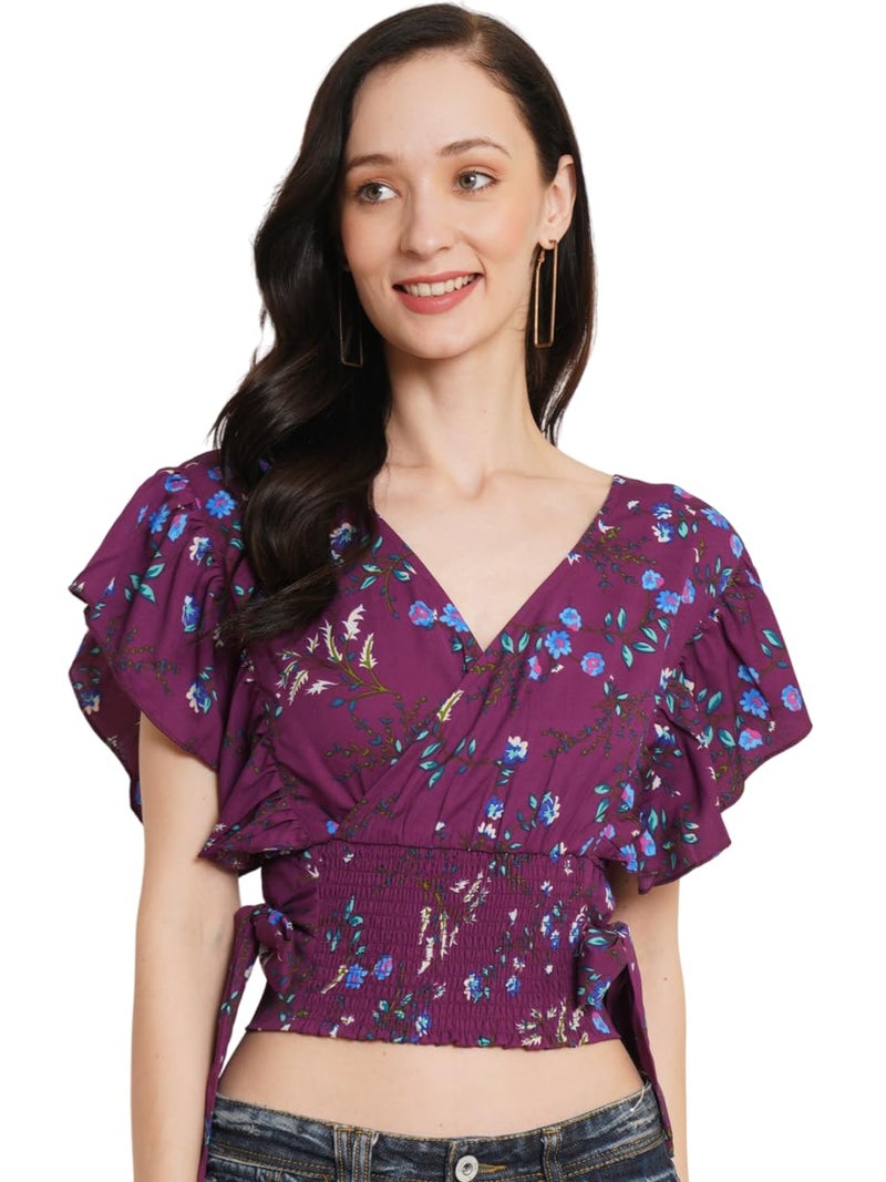 Uf Purple Floral Printed Flutter Sleeve Smocked Waist Tie-Up Wrap Crop Top - Image 1