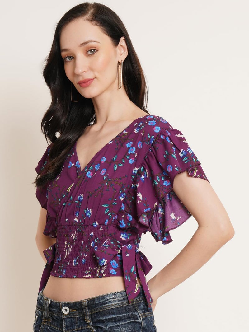 Uf Purple Floral Printed Flutter Sleeve Smocked Waist Tie-Up Wrap Crop Top - Image 2