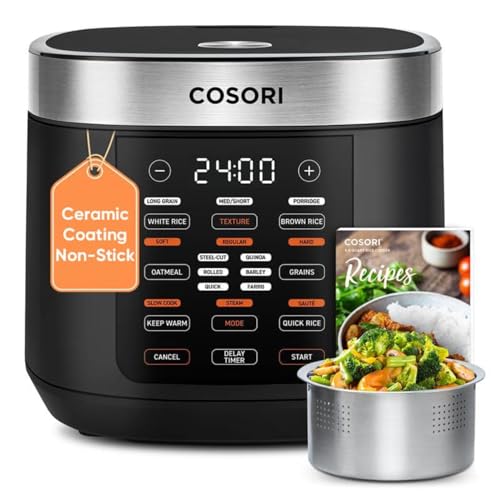 COSORI طباخ الأرز COSORI سعة 10 أكواب، 24 ساعة للحفاظ على الحرارة، وعاء داخلي سيراميكي غير لاصق، 18 وظيفة لطهي الأرز بتقنية المنطق الضبابي مع سلة بخارية من الفولاذ المقاوم للصدأ، قلاية، طباخ بطيء، أسود - Image 1