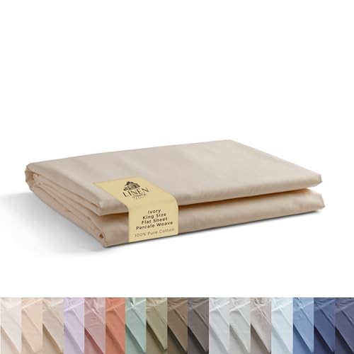 Linen Home 100% Cotton Percale 1 Flat Sheet, King Size - Crisp, Cool and Strong Bed Linen, Luxury Breathable Sheet, Ivory