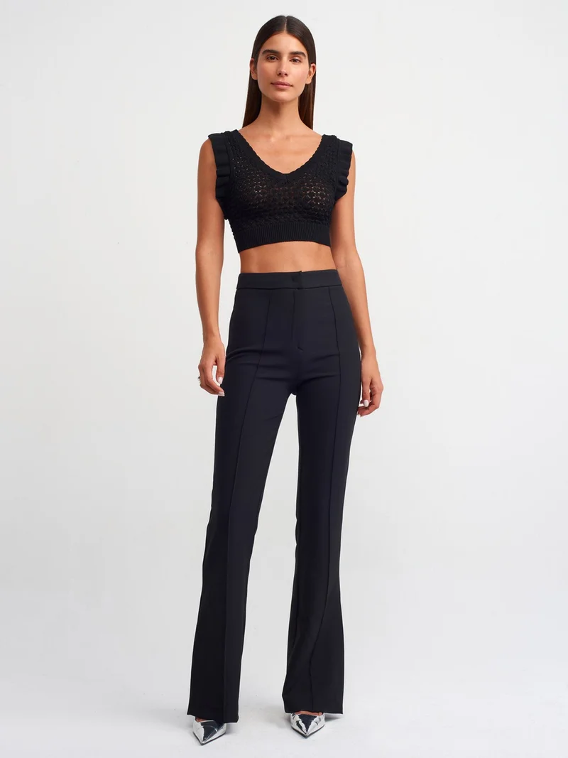 Dilvin 10546 V-Neck Ruffled Tie Back Knitwear Crop-Black