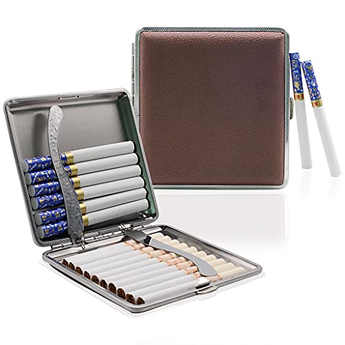 HASTHIP® Cigarette Case King Size for Men Women Holds 20 Cigarettes Case Box Holder Brown Leather Vintage Hard Metal Full Pack, Gifts for Men - Image 1