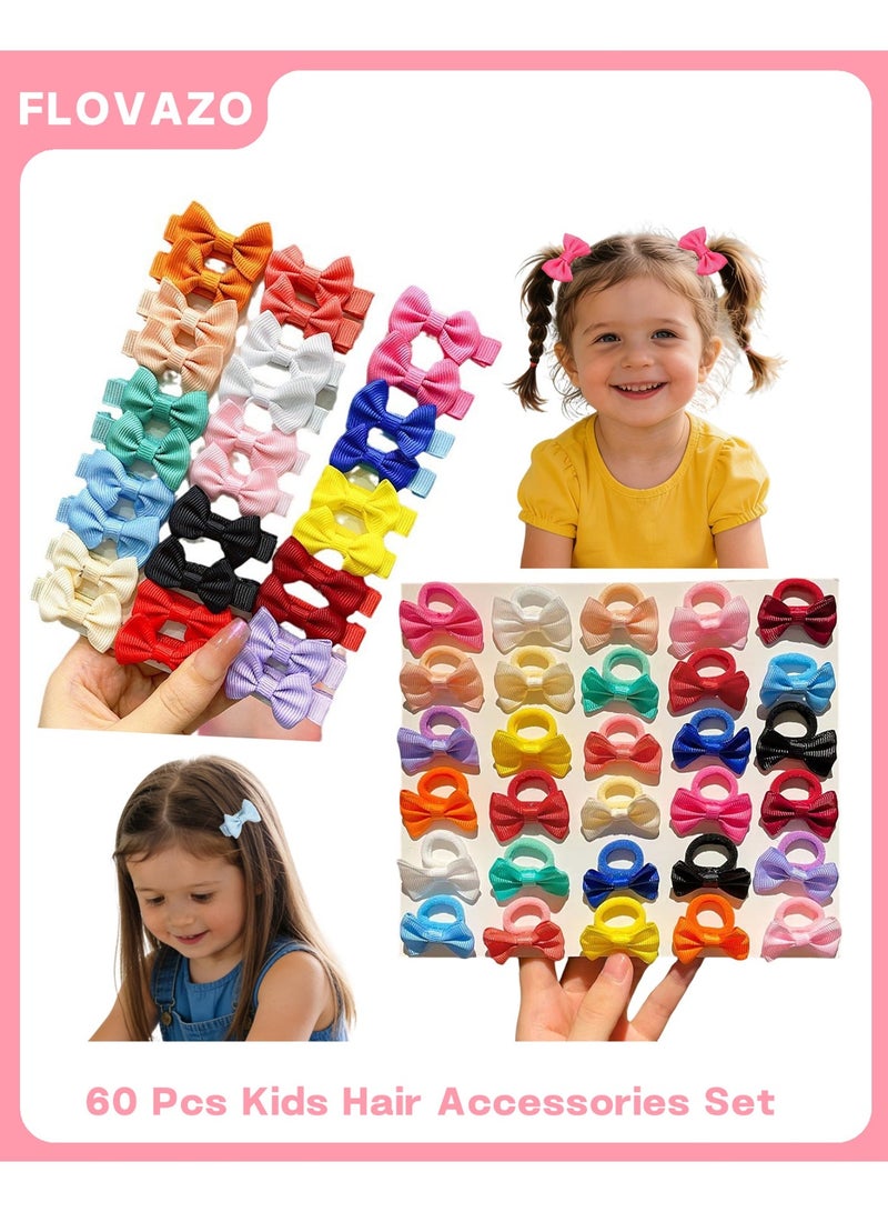 FLOVAZO 60 Pcs Kids Hair Accessories Set - 30 Fabric Hair Clips + 30 Bow Hair Ties, Random & Multi Colors for Little Girls, Cute Ribbon Hair Decor - Image 1