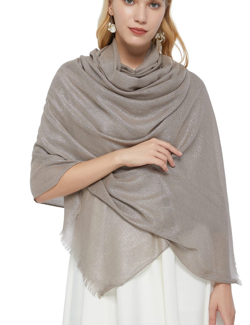 PANTONIGHT Women's Sparkling Metallic Evening Shawl Lightweight Wedding Shawl Extra Large Dressy Shawls and Wraps for Party (Beige Silver 2508) - Image 5