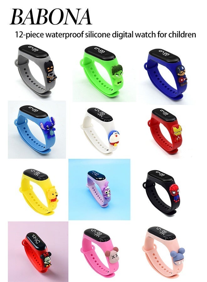 BABONA 12-Pack of Waterproof Silicone Digital Watches for Kids, Cartoon Watches, Cute Cartoon Touch Watches for Kids, Children's Digital Watch, Waterproof for Outdoor Sports, With Alarm Clock, Stopwatch and Calendar Functions,Party Gifts, Birthday Party Favors - Image 1