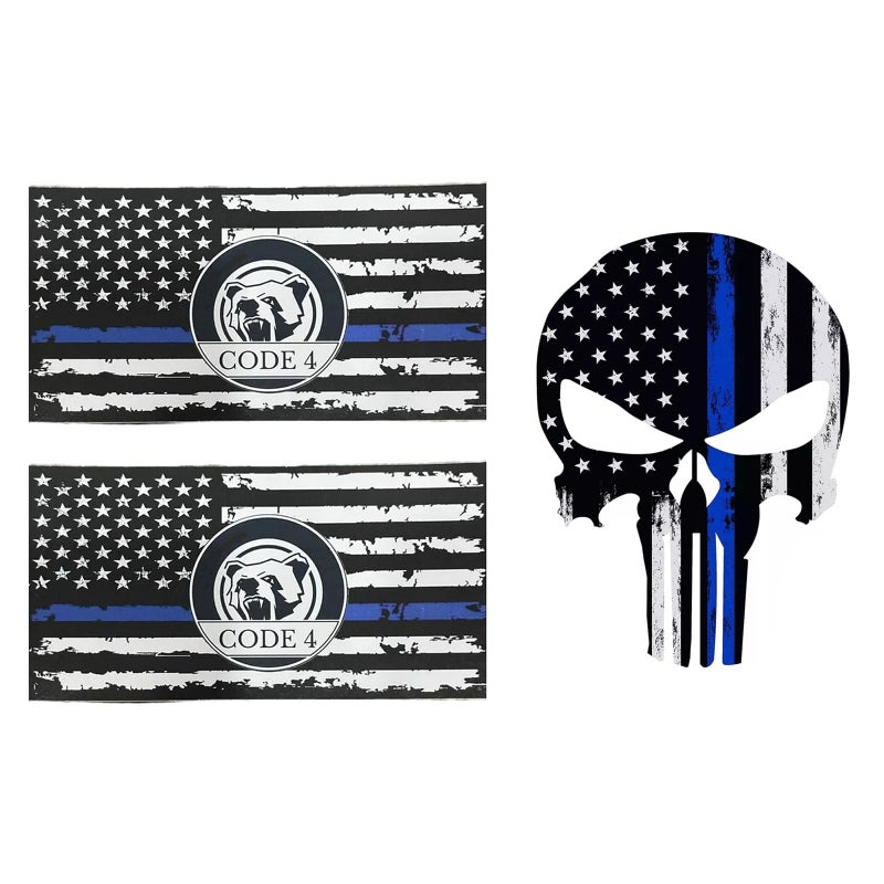 ColisPar 3pcs US Flag Code 4 Thin Blue Line Skull Car Stickers Decal, Honoring Police Support Truck Window Laptop Bumper Stickers, bandera de policÃ­a la lÃ­nea azul para carro - Image 1