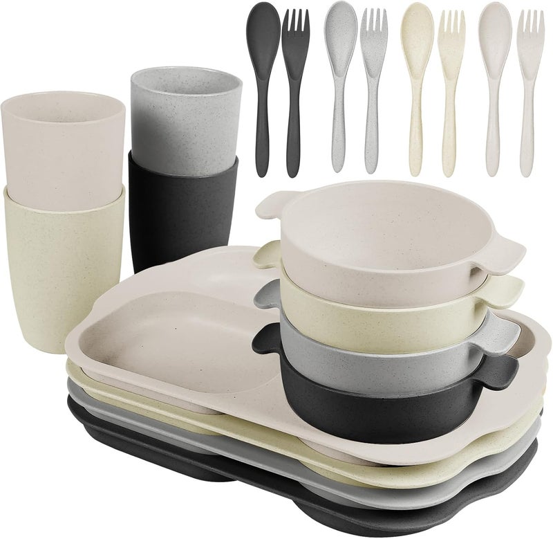 shopwithgreen Kids Toddlers Plates and Bowls Sets 20 PCS Wheat Straw Dinnerware Cutlery Set Unbreakable Tableware Divided Plate Spoon Knife Cup Reusable Utensils Set for Kitchen Picnic School - Image 1