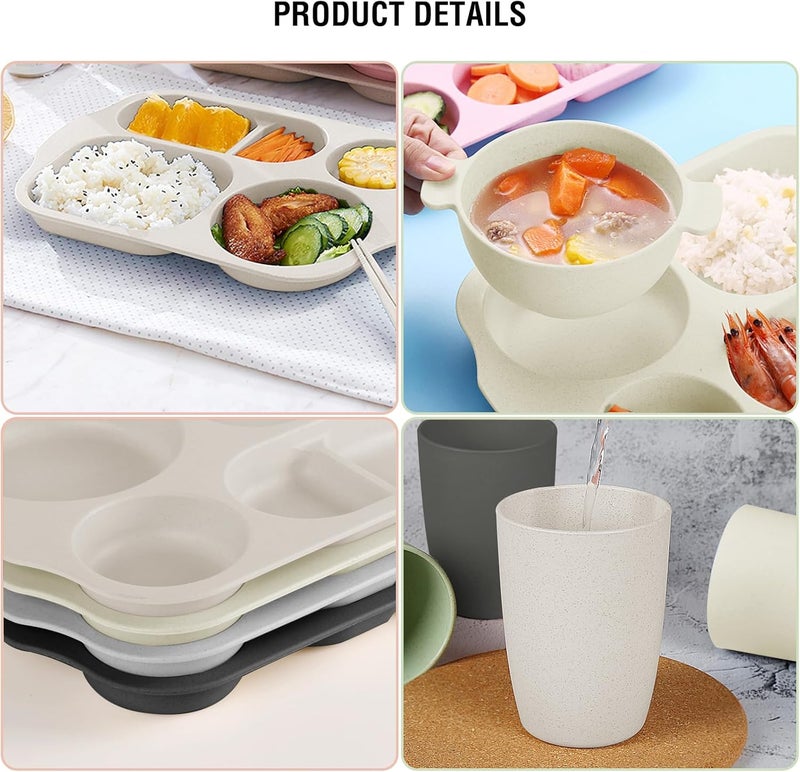 shopwithgreen Kids Toddlers Plates and Bowls Sets 20 PCS Wheat Straw Dinnerware Cutlery Set Unbreakable Tableware Divided Plate Spoon Knife Cup Reusable Utensils Set for Kitchen Picnic School - Image 4