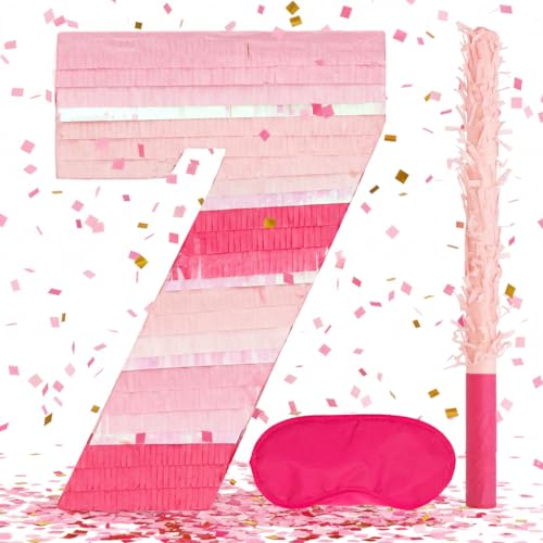 Birchio Pinks Number 7 Pinatas Bundle with a Blindfold and Bat161 x 11 x 4 Inches Perfect for Boys and Girls Birthday Party Supplies Pink Theme Birthday Decoration Pink Number 7 - Image 1