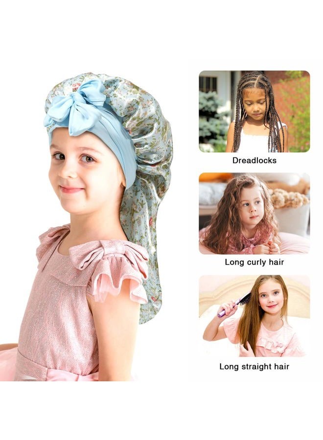 AWAYTR Kids Long Hair Bonnet for Sleeping - Double Layer Girls Elastic Satin Bonnet with Tie Band for Braid Curly Hair (Blue flower+Beige) - Image 4