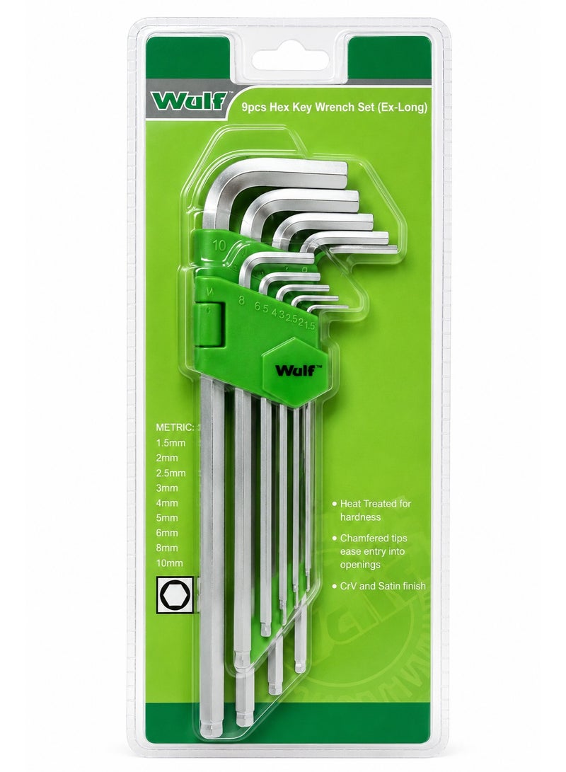 Wulf 9-Piece Extra-Long Metric Hex Key Wrench Set, Heat Treated Cr-V Ball Point Allen Key Set with Chamfered Tips, Satin Finish L-Wrench Hand Tool Kit for Automotive & DIY Repair - Image 1