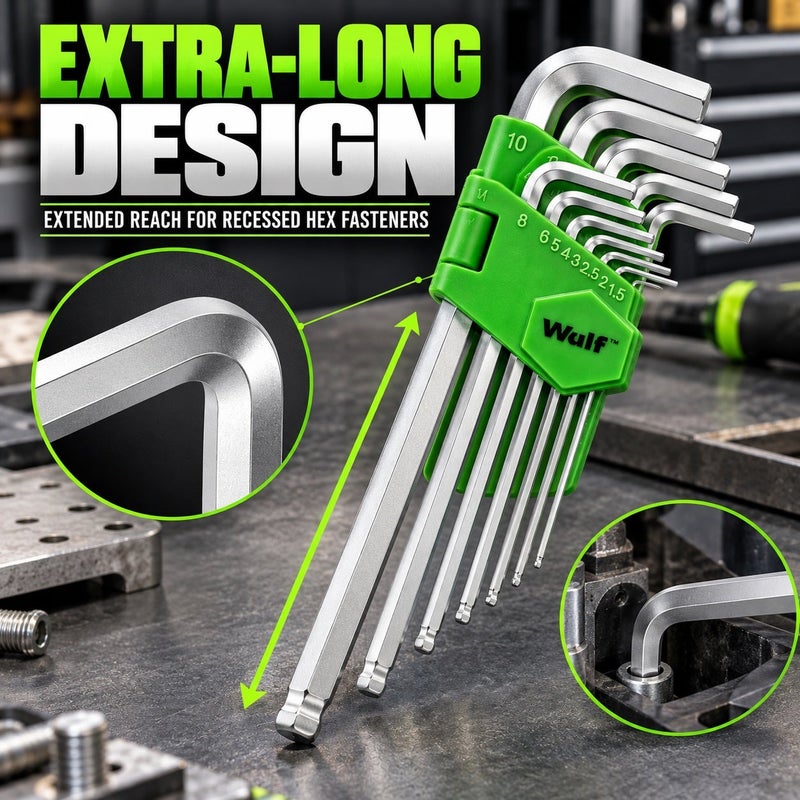 Wulf 9-Piece Extra-Long Metric Hex Key Wrench Set, Heat Treated Cr-V Ball Point Allen Key Set with Chamfered Tips, Satin Finish L-Wrench Hand Tool Kit for Automotive & DIY Repair - Image 3