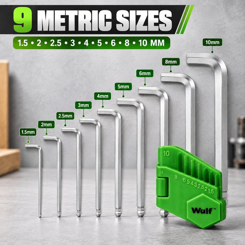 Wulf 9-Piece Extra-Long Metric Hex Key Wrench Set, Heat Treated Cr-V Ball Point Allen Key Set with Chamfered Tips, Satin Finish L-Wrench Hand Tool Kit for Automotive & DIY Repair - Image 2