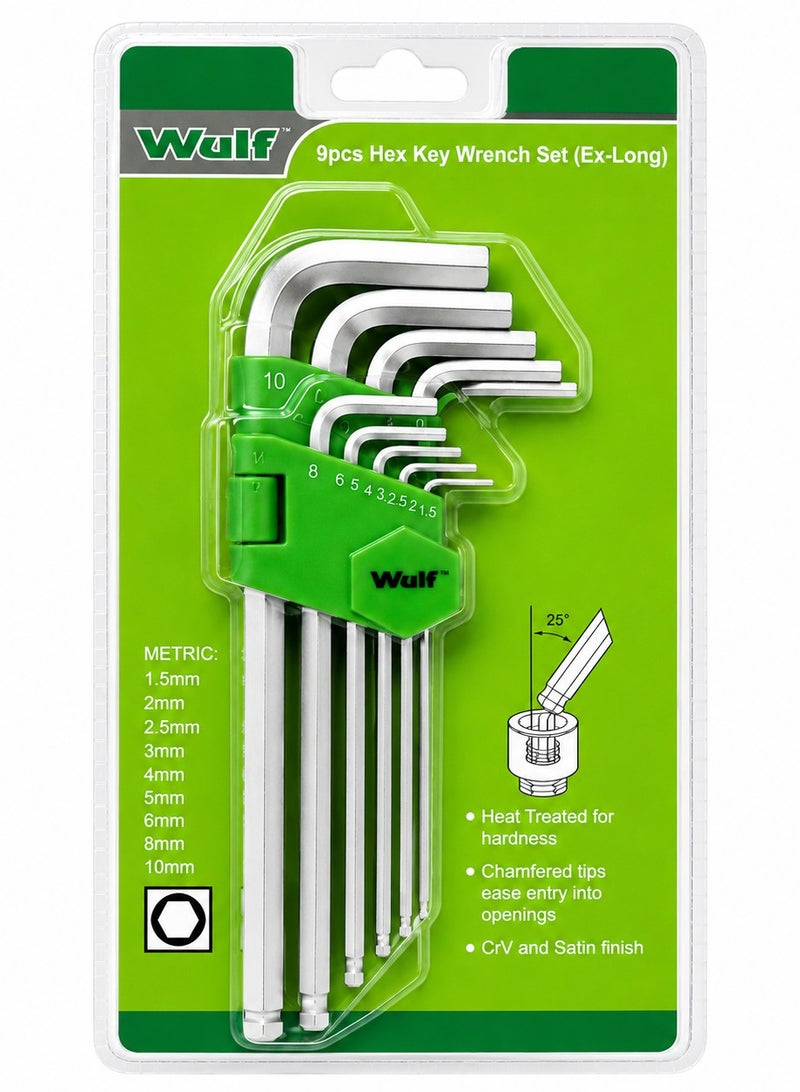 Wulf 9-Piece Extra-Long Metric Hex Key Wrench Set, Heat Treated Cr-V Ball Point Allen Key Set with Chamfered Tips, Satin Finish L-Wrench Hand Tool Kit for Automotive & DIY Repair - Image 1