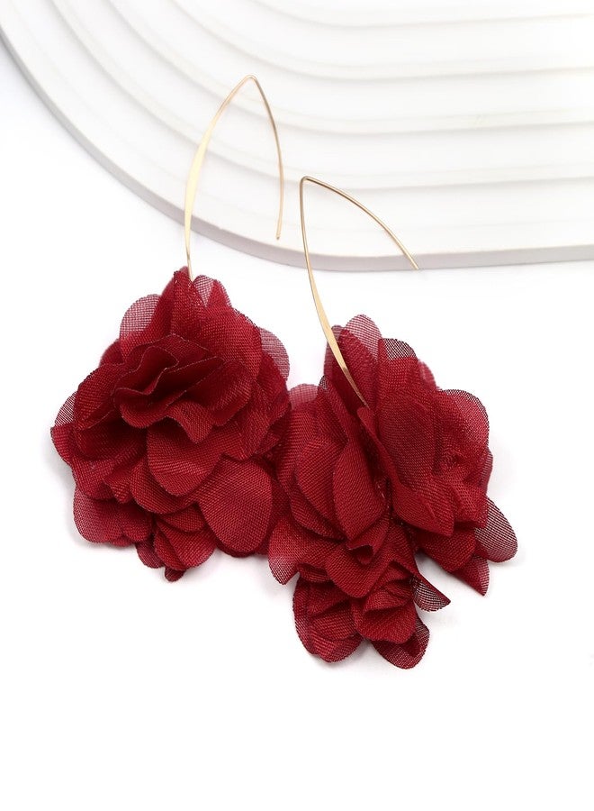 Pingyongchang Bohemian Lightweight Big Fabric Flowers Dangle Earrings Handmade Charm Chic Petal Hoop Earrings Chiffon Floral Tassel Drop Earrings for Women Vacation Wedding Jewelry-C Wine Red - Image 4