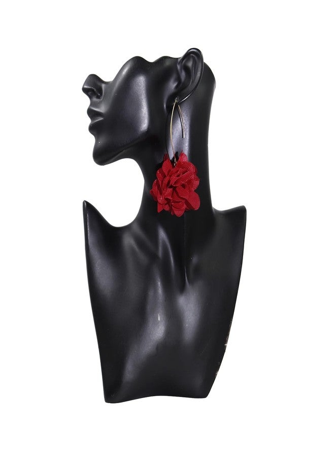 Pingyongchang Bohemian Lightweight Big Fabric Flowers Dangle Earrings Handmade Charm Chic Petal Hoop Earrings Chiffon Floral Tassel Drop Earrings for Women Vacation Wedding Jewelry-C Wine Red - Image 2