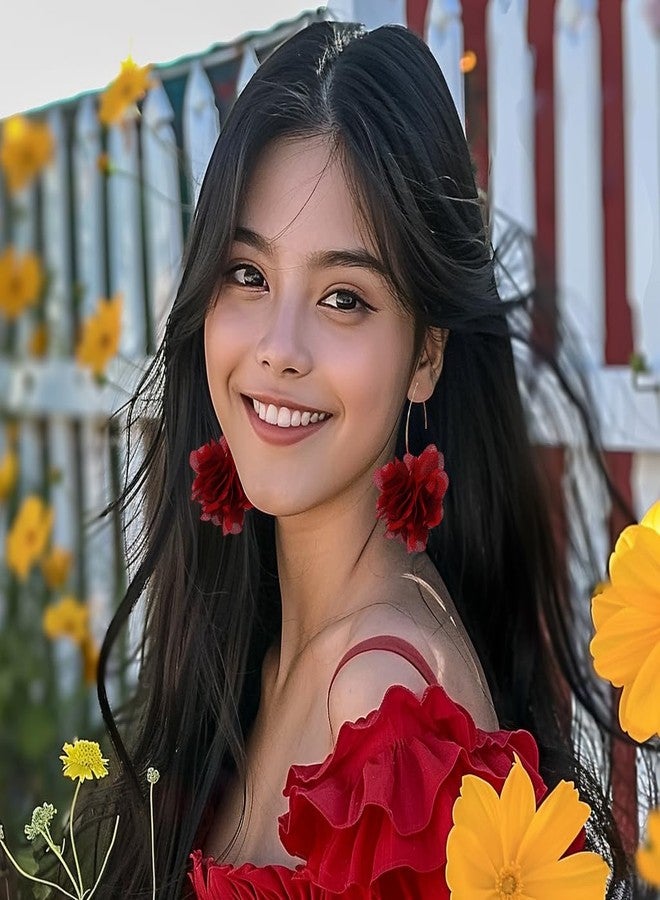 Pingyongchang Bohemian Lightweight Big Fabric Flowers Dangle Earrings Handmade Charm Chic Petal Hoop Earrings Chiffon Floral Tassel Drop Earrings for Women Vacation Wedding Jewelry-C Wine Red - Image 3