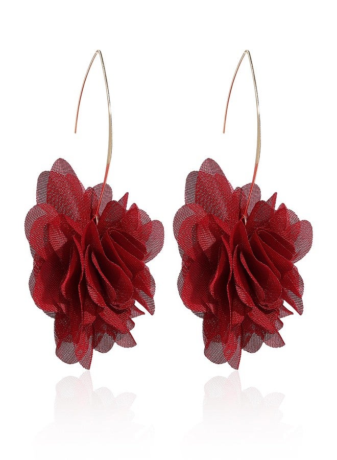 Pingyongchang Bohemian Lightweight Big Fabric Flowers Dangle Earrings Handmade Charm Chic Petal Hoop Earrings Chiffon Floral Tassel Drop Earrings for Women Vacation Wedding Jewelry-C Wine Red - Image 1