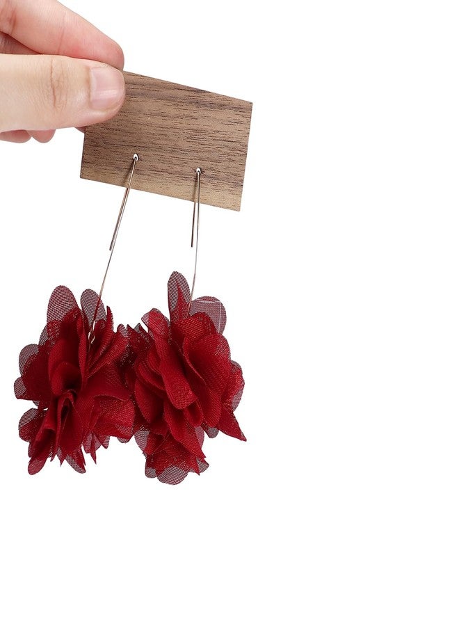 Pingyongchang Bohemian Lightweight Big Fabric Flowers Dangle Earrings Handmade Charm Chic Petal Hoop Earrings Chiffon Floral Tassel Drop Earrings for Women Vacation Wedding Jewelry-C Wine Red - Image 5