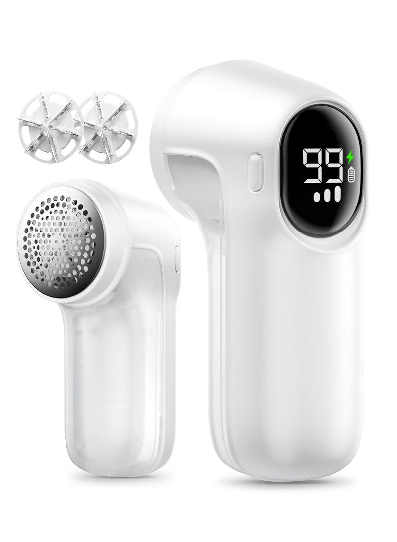 Rechargeable Fabric Shaver, 3-Speeds Electric Lint Remover Shaver with LED Display, 6 Leaf Blade, Sweater Depiller for Clothes, Furniture, Couch, Pills, Fuzz, Balls, White - Image 1