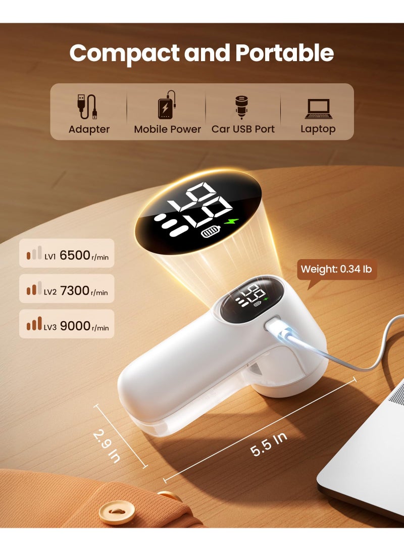 Rechargeable Fabric Shaver, 3-Speeds Electric Lint Remover Shaver with LED Display, 6 Leaf Blade, Sweater Depiller for Clothes, Furniture, Couch, Pills, Fuzz, Balls, White - Image 5