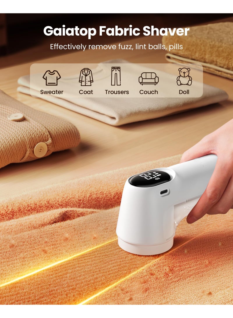 Rechargeable Fabric Shaver, 3-Speeds Electric Lint Remover Shaver with LED Display, 6 Leaf Blade, Sweater Depiller for Clothes, Furniture, Couch, Pills, Fuzz, Balls, White - Image 2