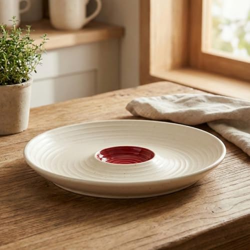 BLACKCARROT Ceramic Serving Platter with Dip Section (10.8 Inch) | Red & White Print Microwave & Dishwasher Safe Serveware for Snacks, Appetizers, Salads & Noodles - Image 1