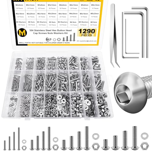 Mywish 1290 Pieces M2 M3 M4 M5 Screw Nuts and Bolts Assortment Kit, Metric Screws 304 Stainless Steel Button Head Socket Cap Metric Screw Assortment with Flat Washers/Nuts/Hex Wrenches 16 Sizes - Image 1