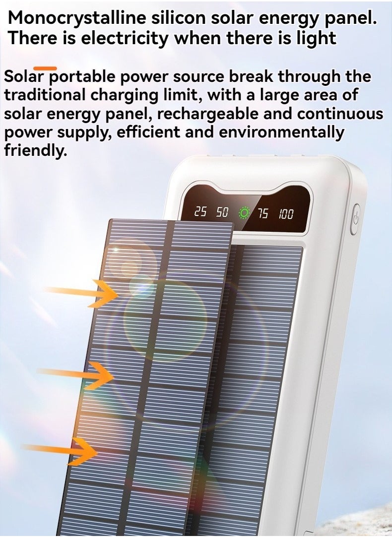 Multi-function solar power bank with built-in charging cable 10000 mAh large capacity mobile power supply with lazy stand (white)