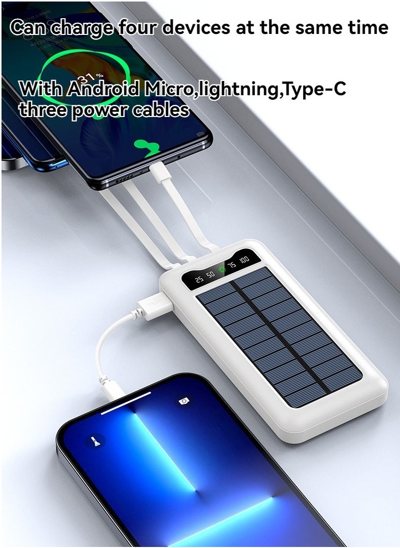 Multi-function solar power bank with built-in charging cable 10000 mAh large capacity mobile power supply with lazy stand (white)